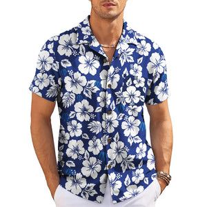 Dark blue camp collar shirt covered in white tropical blooms variant 3