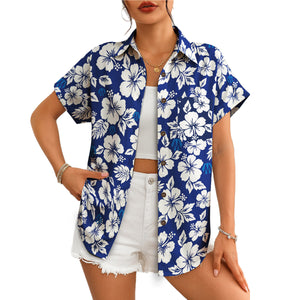 Dark blue camp collar shirt covered in white tropical blooms variant 4