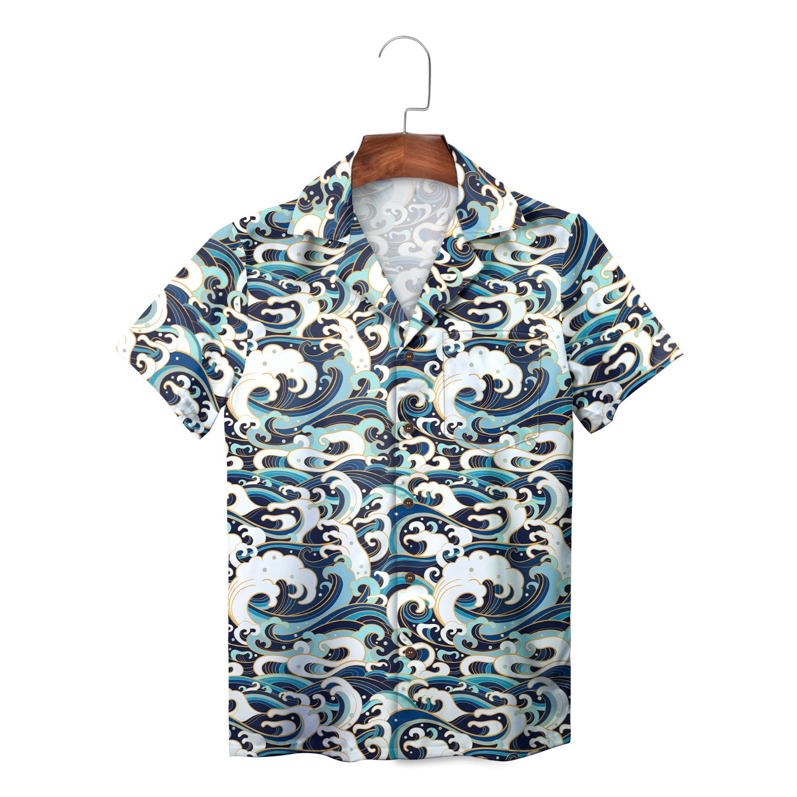 Japanese style breaking waves print short sleeve shirt
