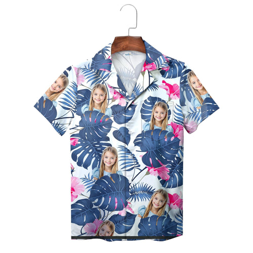 Navy and Pink Monstera Leaf Face Hawaiian Shirt