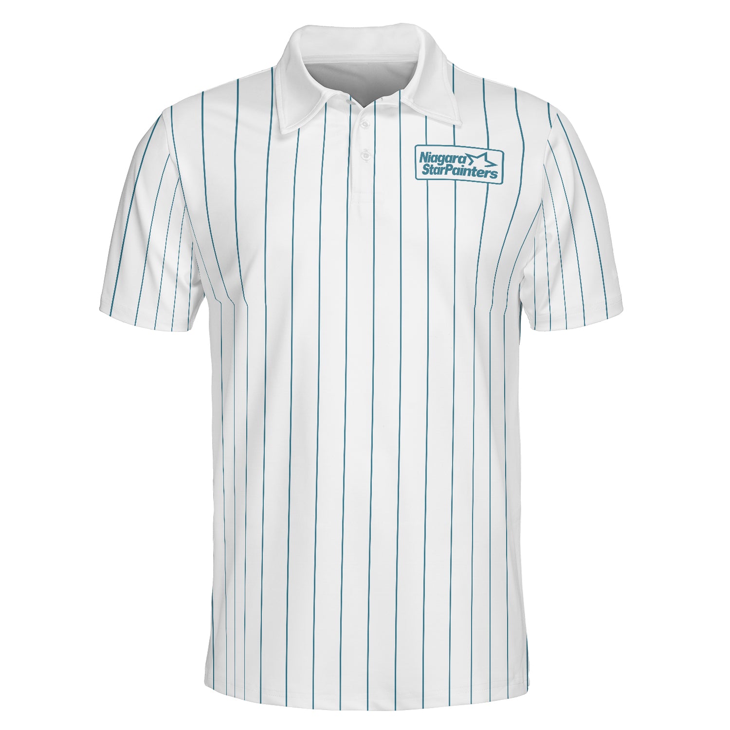White polo with blue vertical lines and company logo