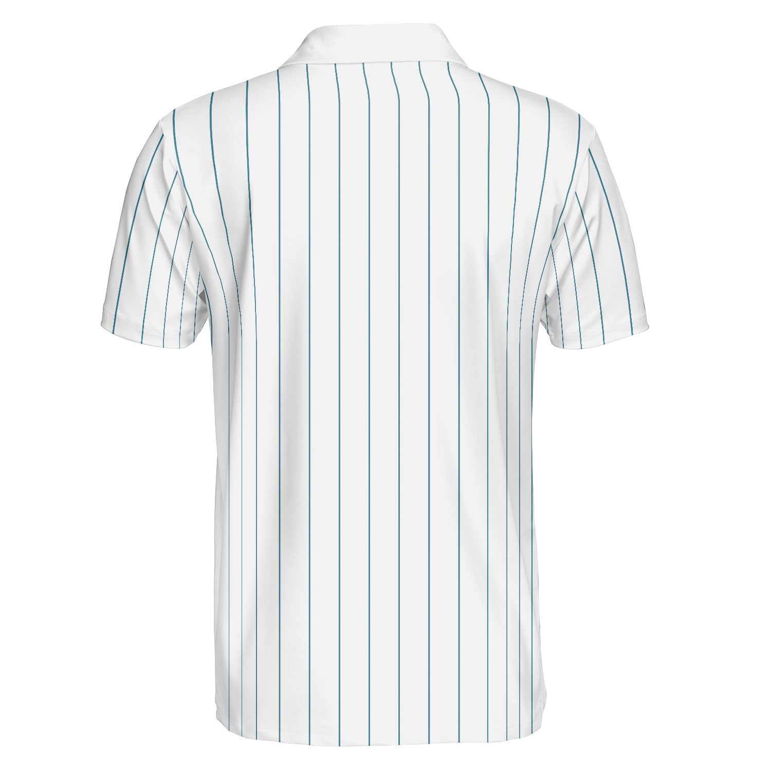 White polo with blue vertical lines and company logo variant 2