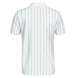 White polo with blue vertical lines and company logo variant 2