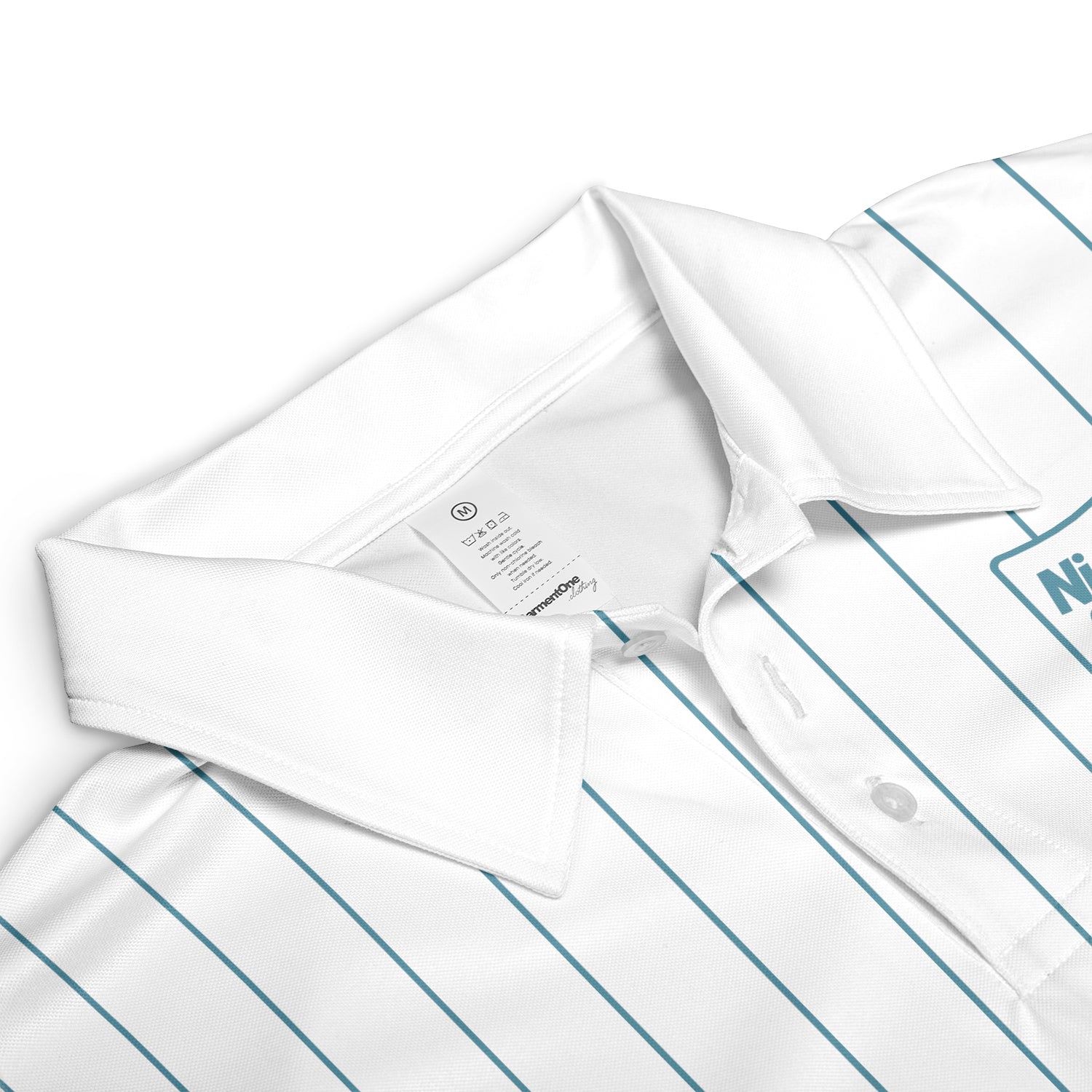 White polo with blue vertical lines and company logo variant 3