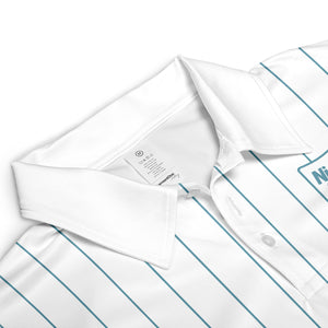 White polo with blue vertical lines and company logo variant 3