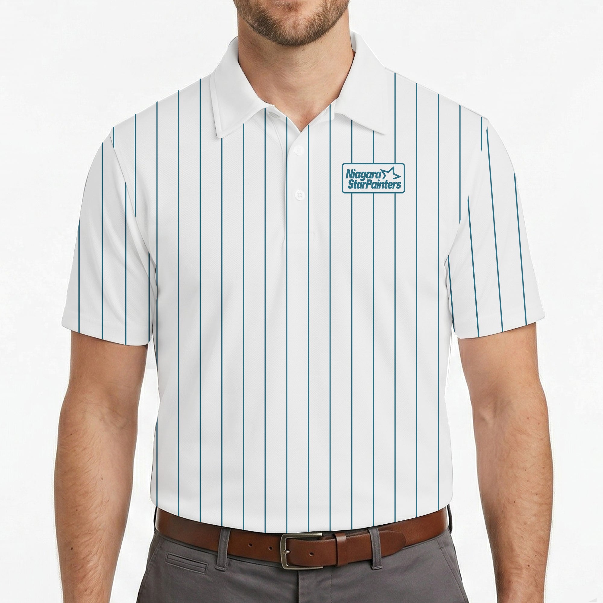 White polo with blue vertical lines and company logo variant 4
