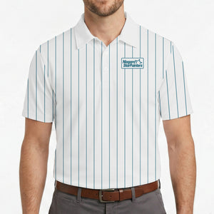 White polo with blue vertical lines and company logo variant 4