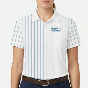 White polo with blue vertical lines and company logo variant 5