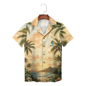 Cream camp shirt showing palms, waves, pocket emblem