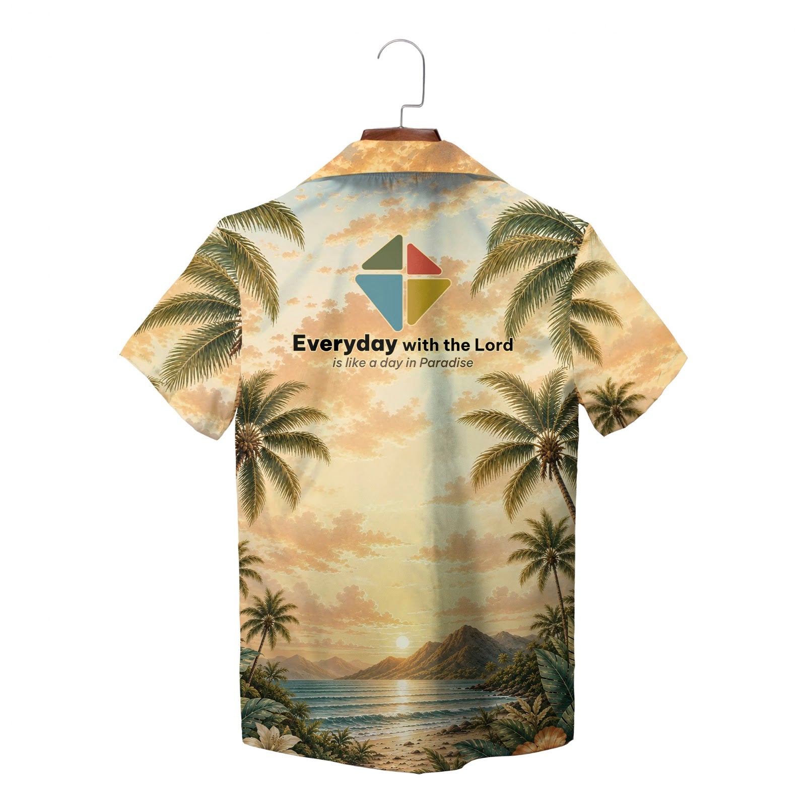 Cream camp shirt showing palms, waves, pocket emblem variant 2