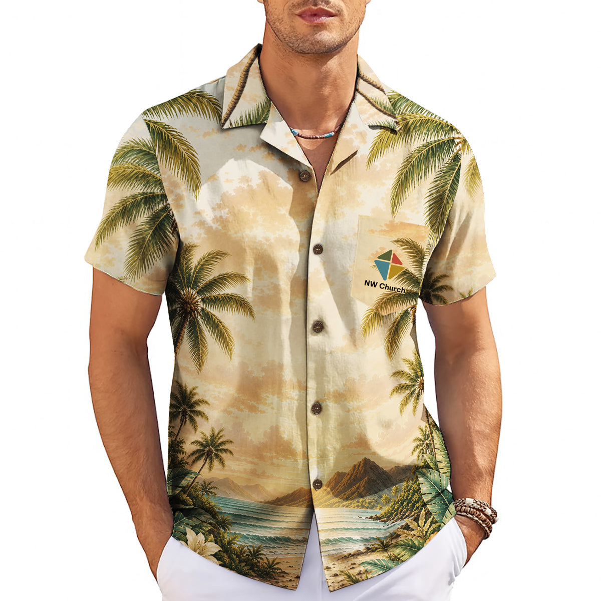Cream camp shirt showing palms, waves, pocket emblem variant 3