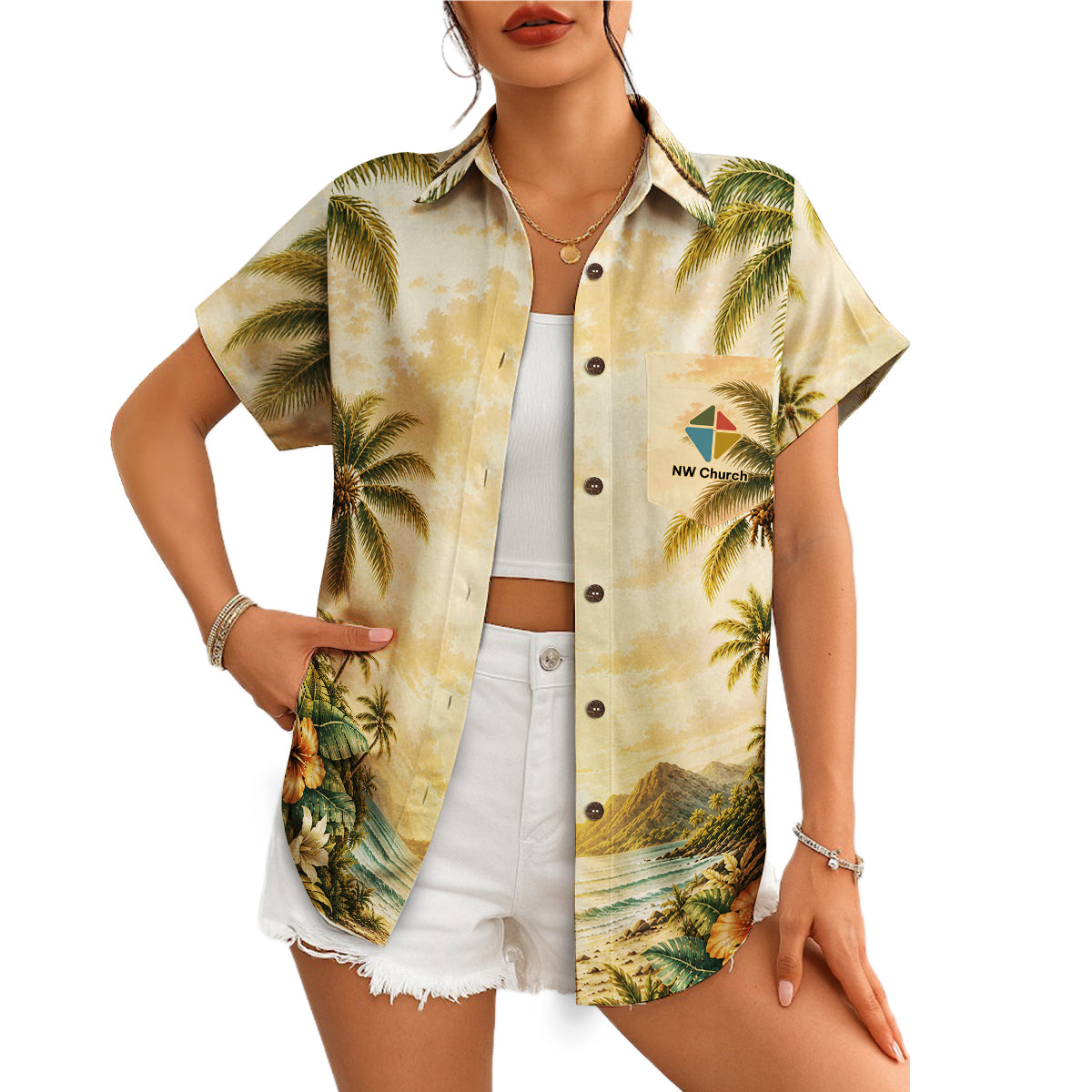 Cream camp shirt showing palms, waves, pocket emblem variant 4