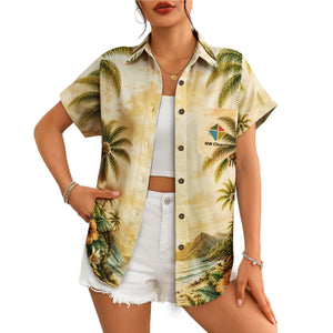 Cream camp shirt showing palms, waves, pocket emblem variant 4