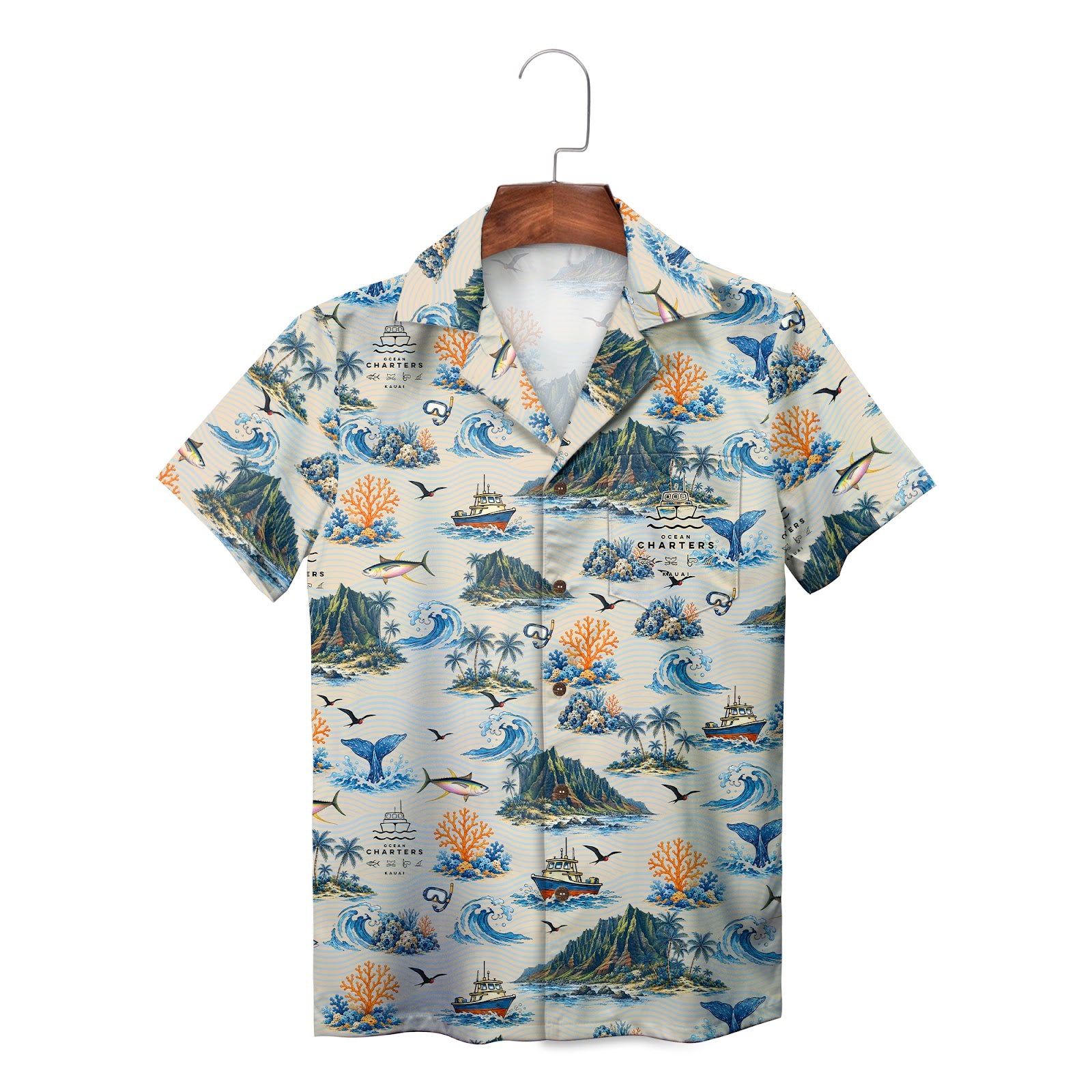 Aloha shirt showing islands boats coral crashing surf