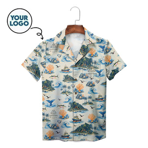 Aloha shirt showing islands boats coral crashing surf variant 2
