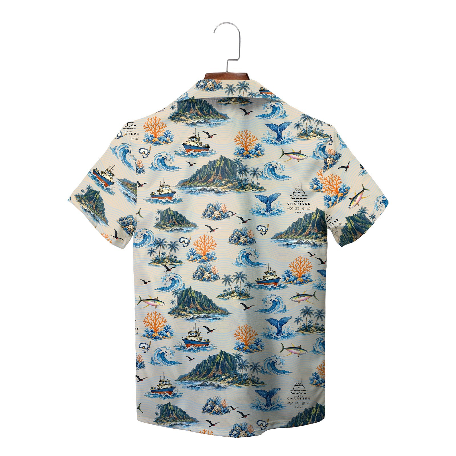 Aloha shirt showing islands boats coral crashing surf variant 3