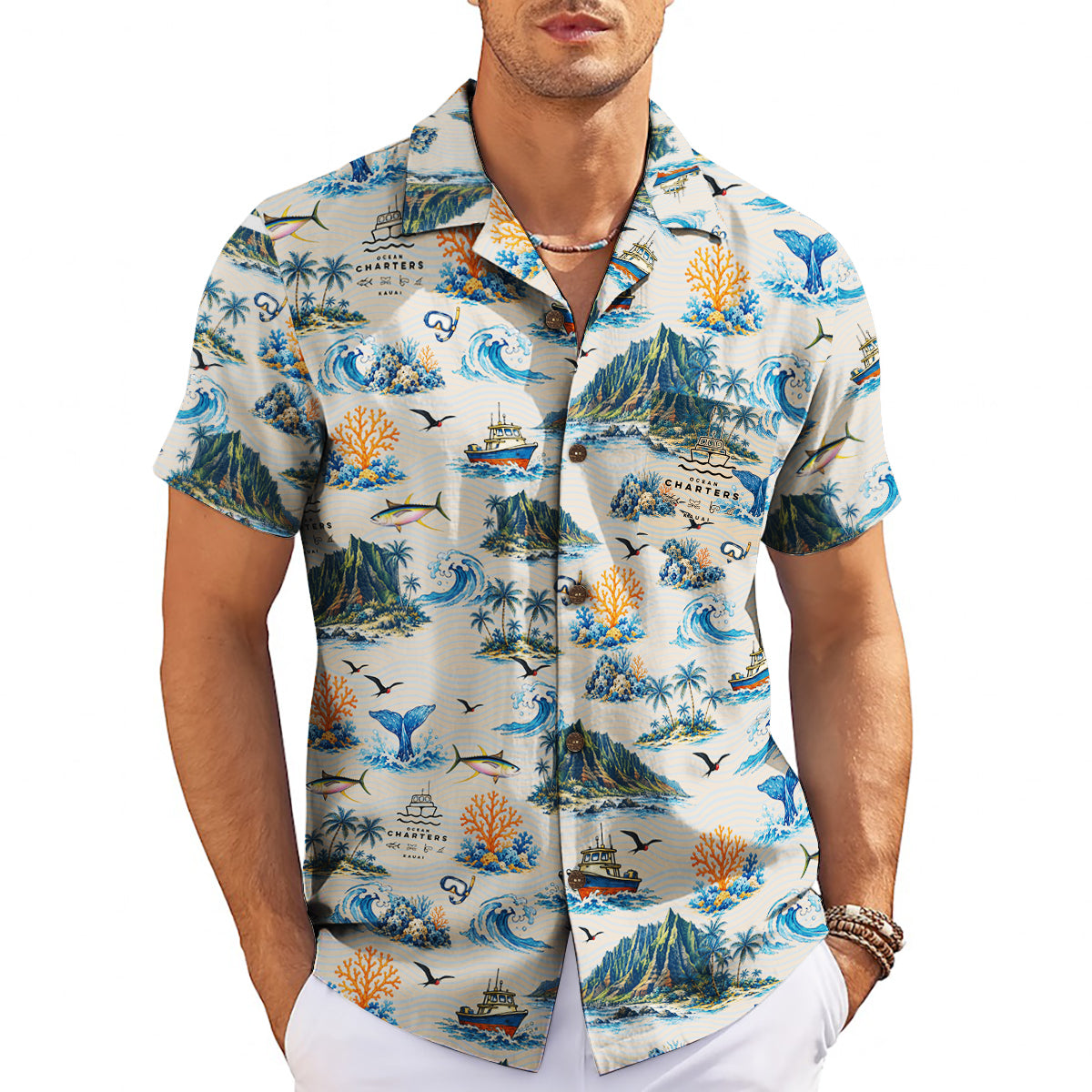 Aloha shirt showing islands boats coral crashing surf variant 4