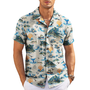 Aloha shirt showing islands boats coral crashing surf variant 4