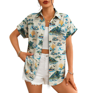 Aloha shirt showing islands boats coral crashing surf variant 5