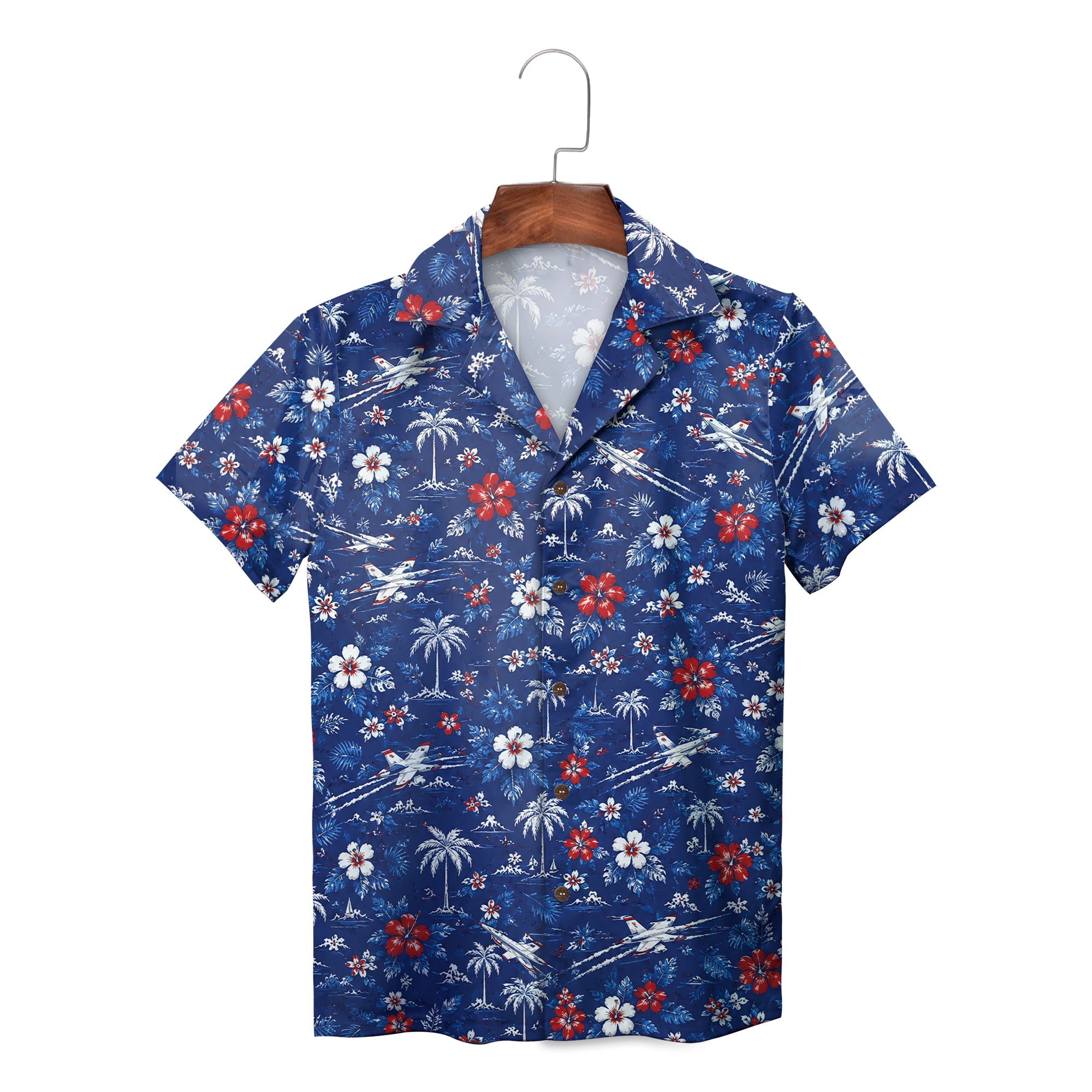 Blue aloha shirt featuring jets, hibiscus blooms, palms