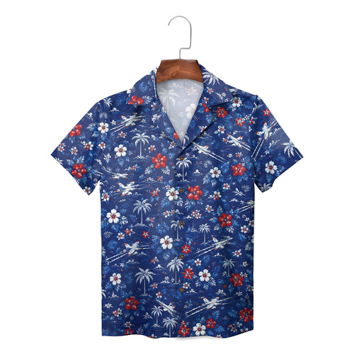 Patriotic Fighter Jet Hibiscus Palm Tree Navy Hawaiian Shirt