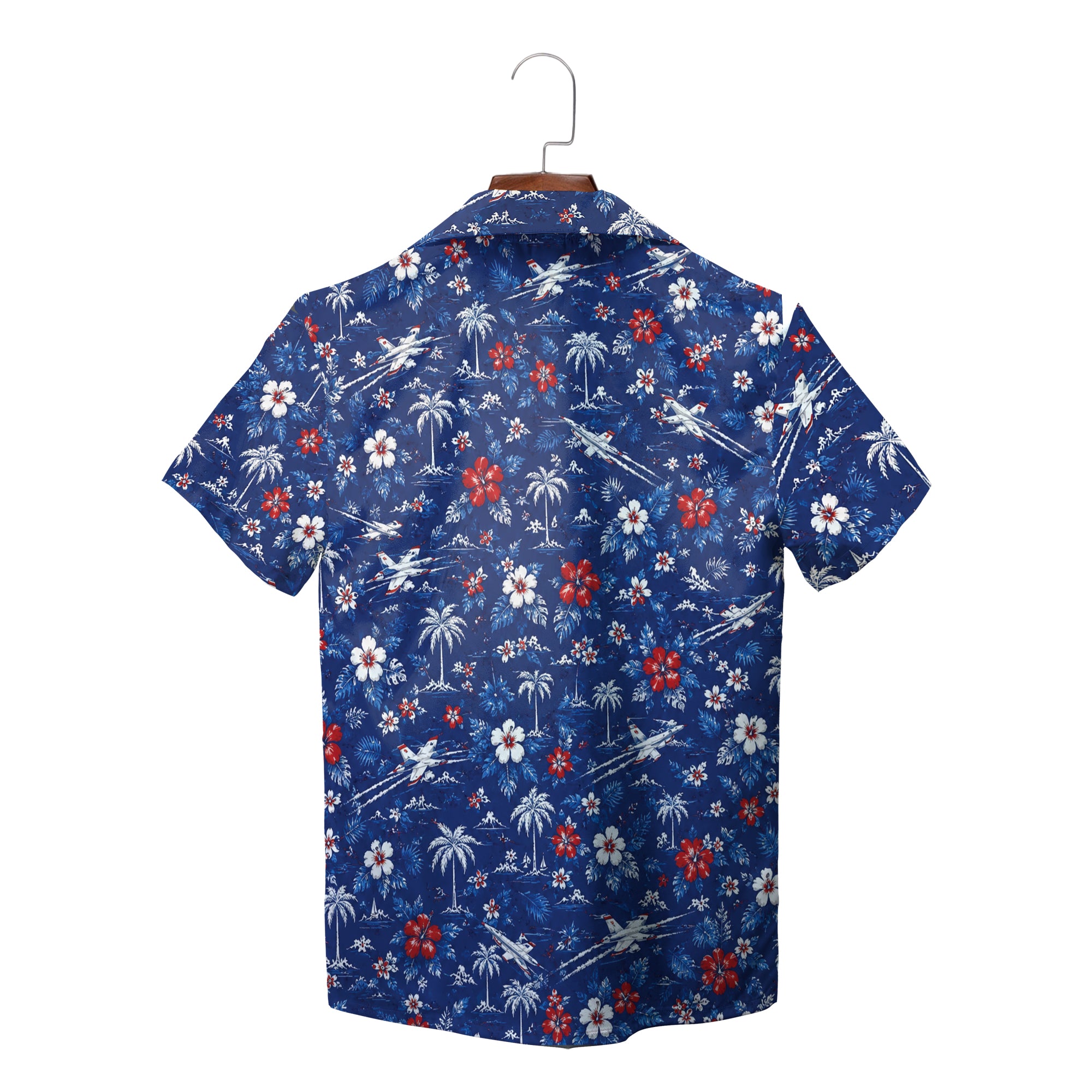 Blue aloha shirt featuring jets, hibiscus blooms, palms variant 2