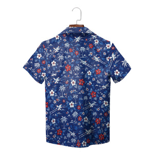 Blue aloha shirt featuring jets, hibiscus blooms, palms variant 2
