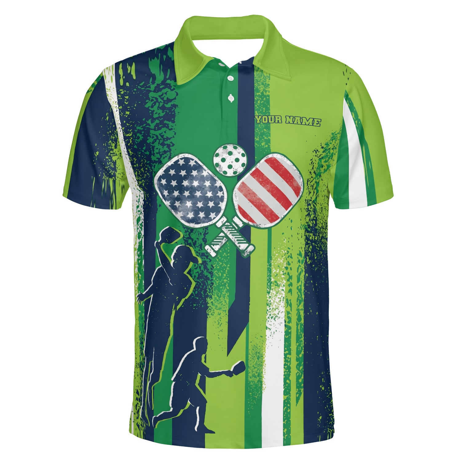 Green navy striped polo with USA flag pickleball paddles graphic