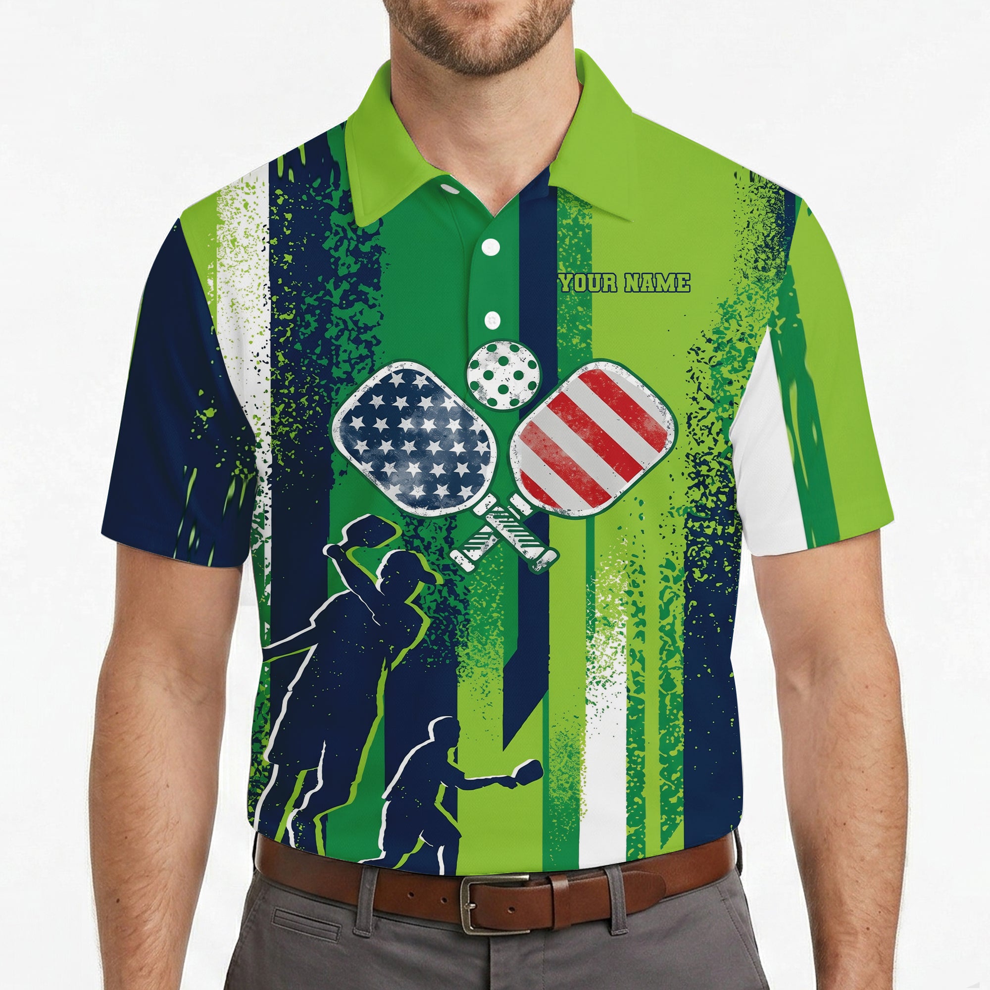 Green navy striped polo with USA flag pickleball paddles graphic variant 4
