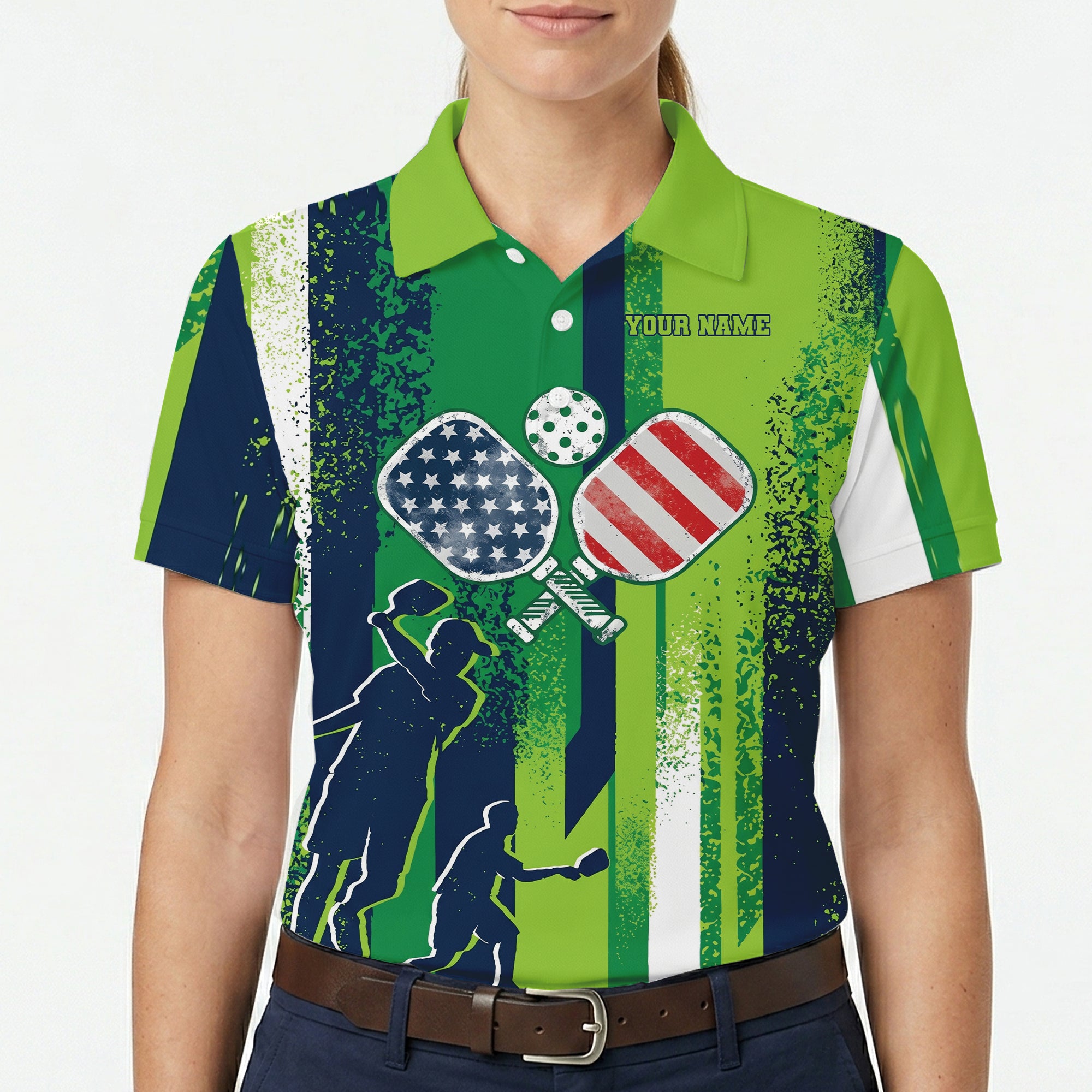 Green navy striped polo with USA flag pickleball paddles graphic variant 5