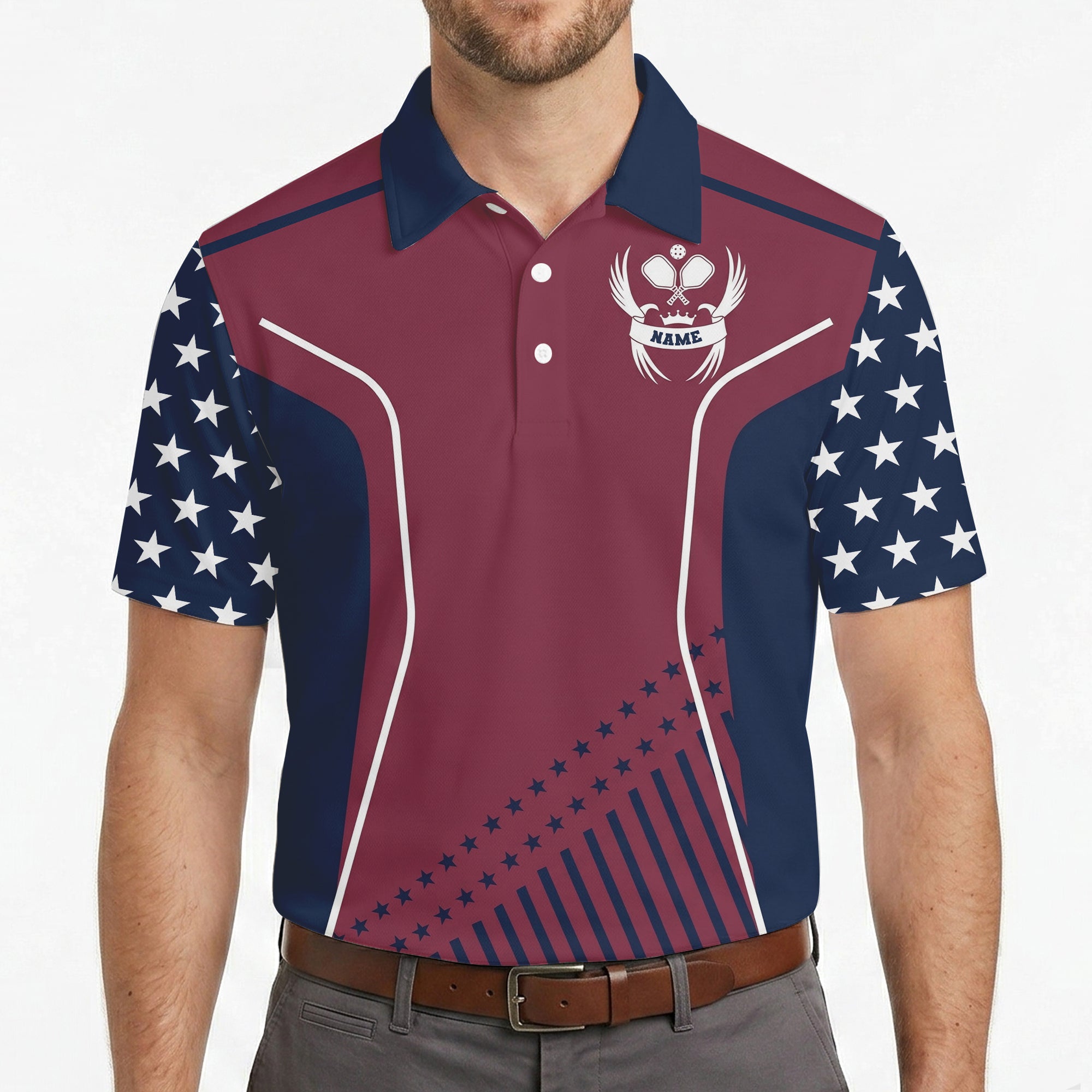 Maroon navy star stripe pickleball polo with name crest variant 4