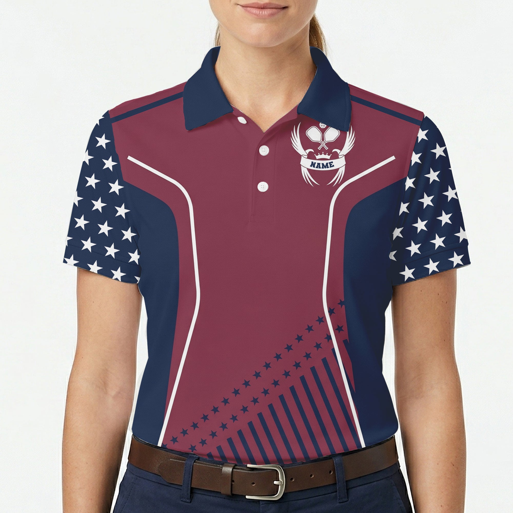 Maroon navy star stripe pickleball polo with name crest variant 5