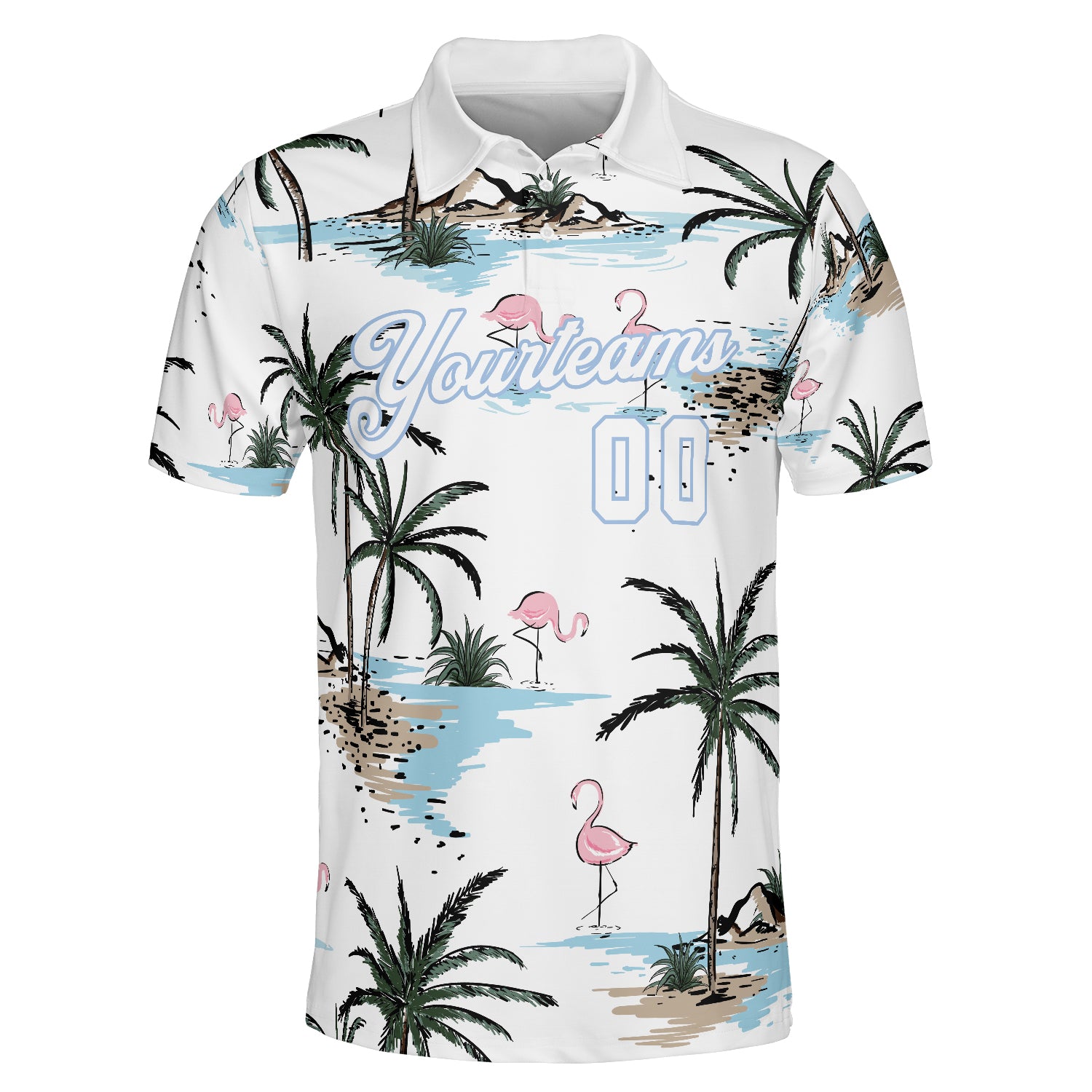 White polo shirt printed with flamingos and palm trees