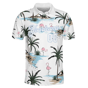 White polo shirt printed with flamingos and palm trees