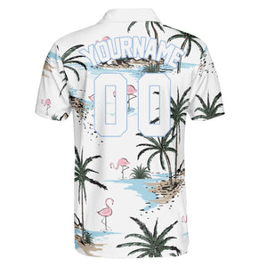 White polo shirt printed with flamingos and palm trees variant 2