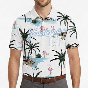 White polo shirt printed with flamingos and palm trees variant 4