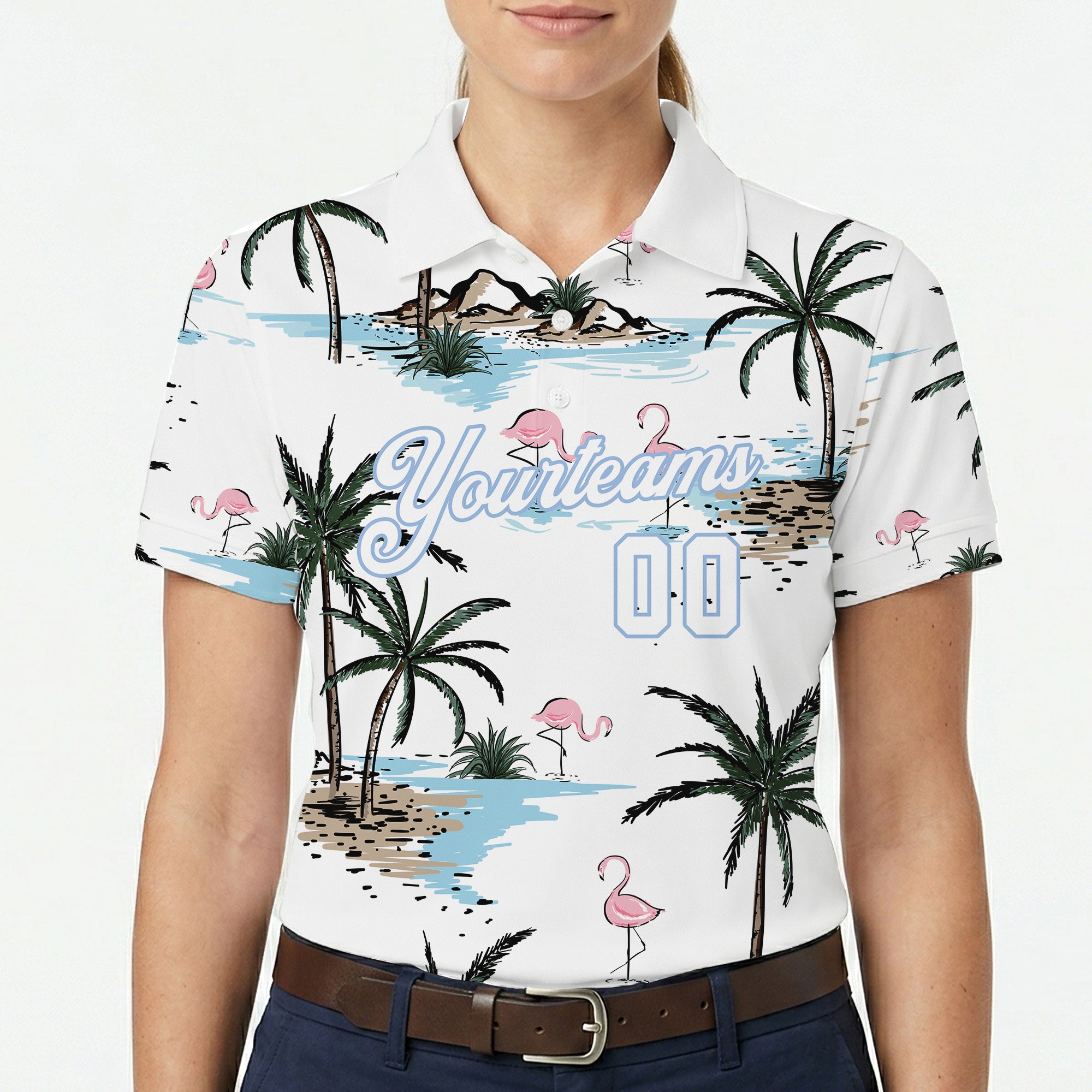 White polo shirt printed with flamingos and palm trees variant 5