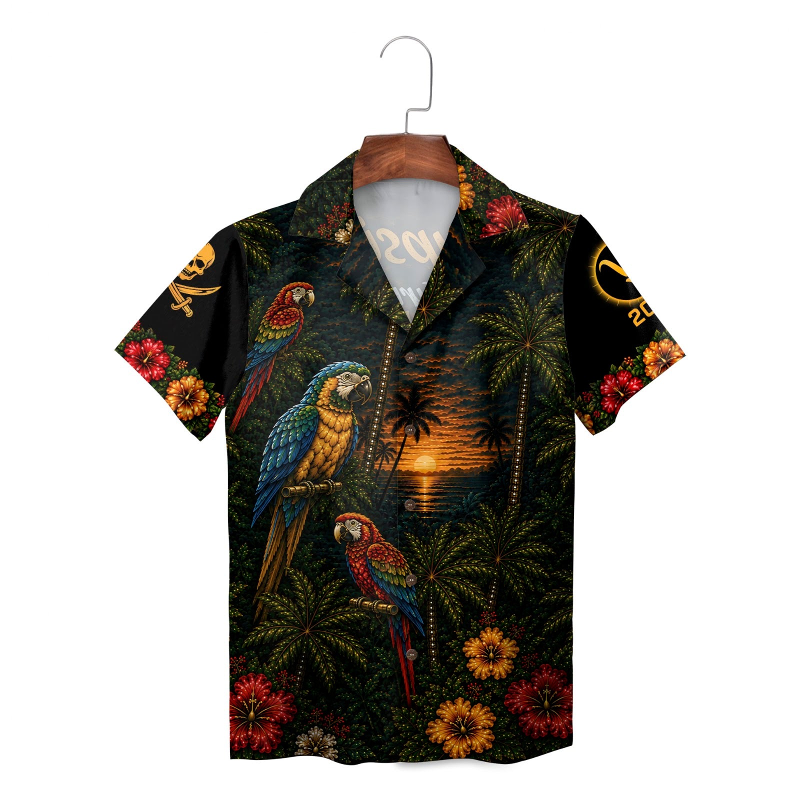 Macaws, palms, hibiscus, sunset print camp shirt