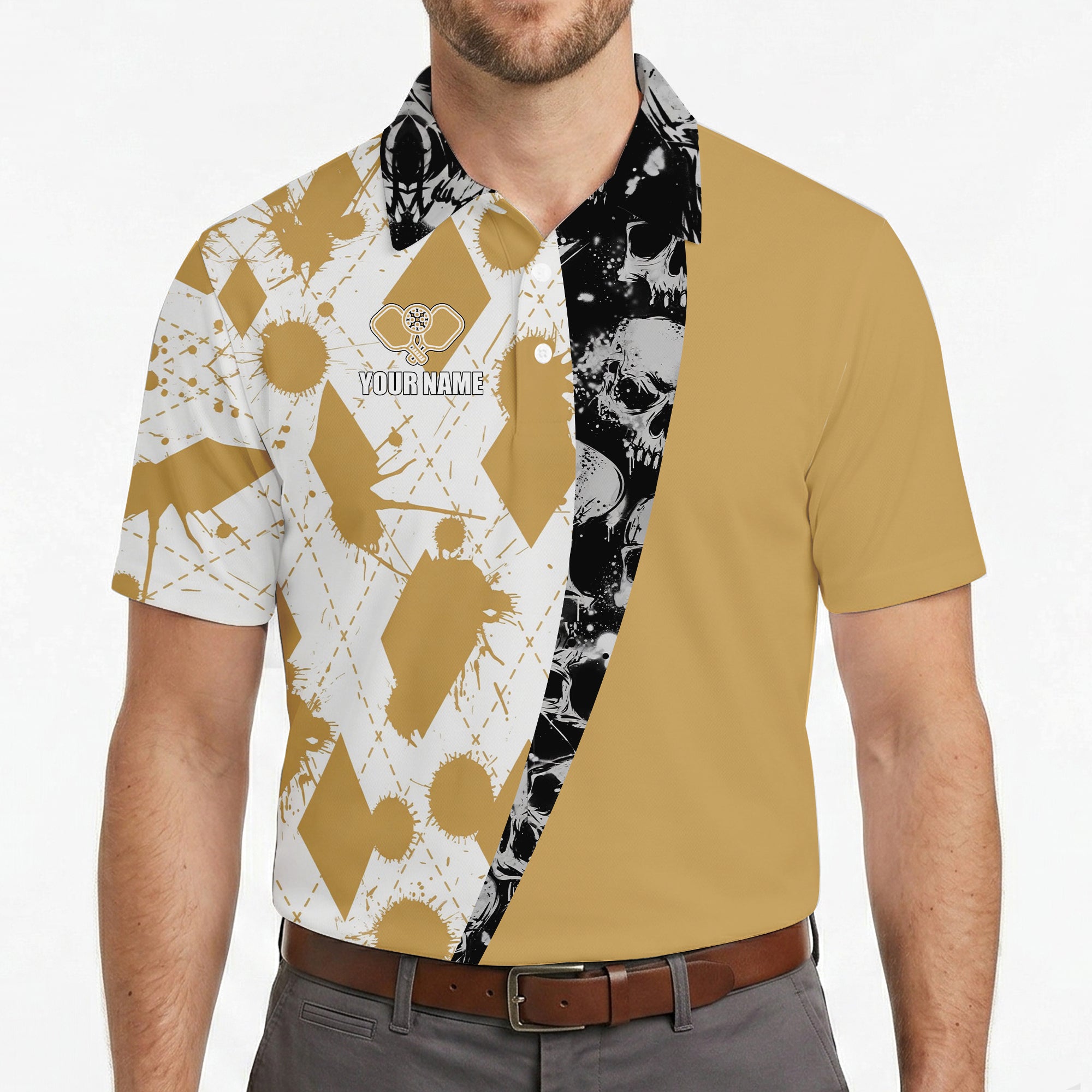 Gold argyle skull split panel custom pickleball polo shirt