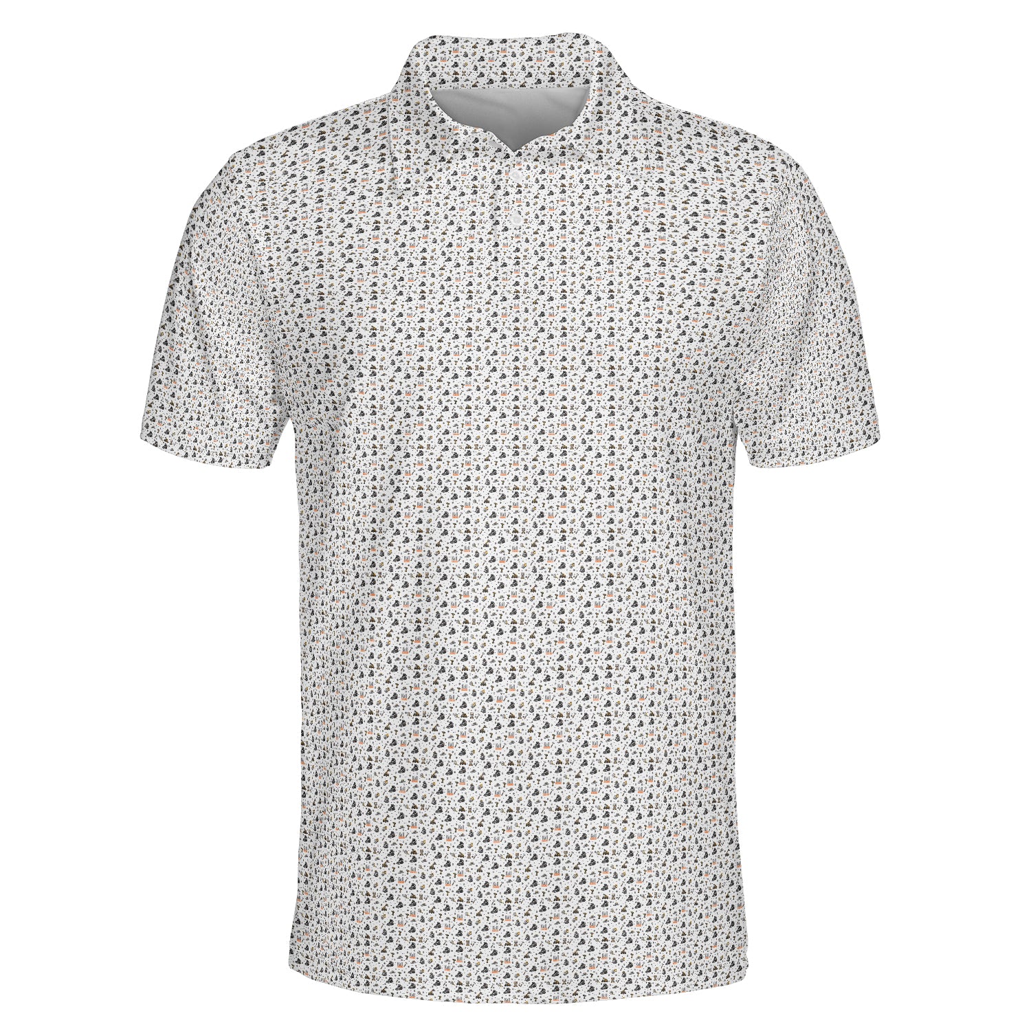 White polo shirt covered in tiny charcoal orange doodle icons