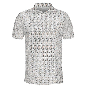 White polo shirt covered in tiny charcoal orange doodle icons