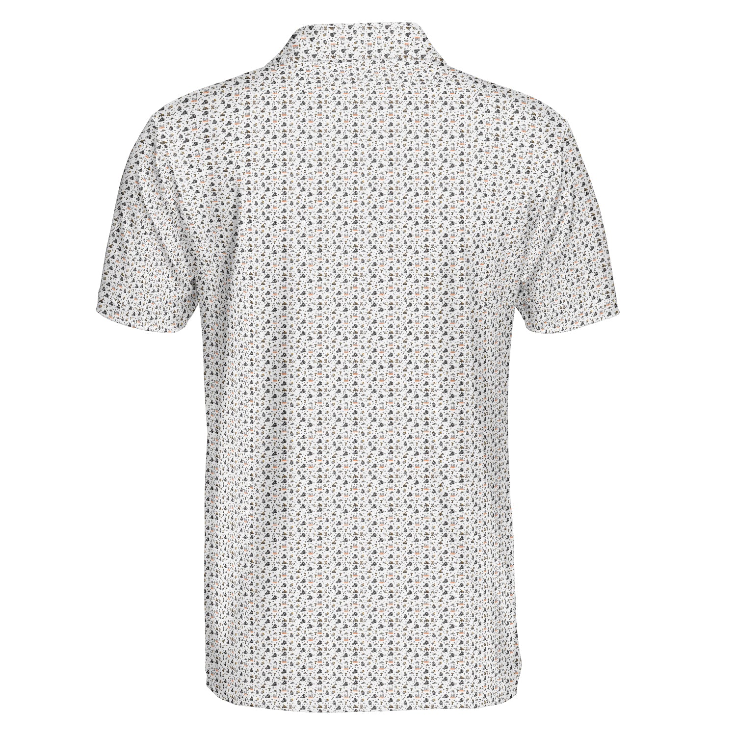 White polo shirt covered in tiny charcoal orange doodle icons variant 2