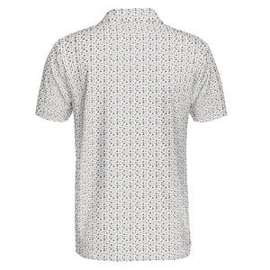 White polo shirt covered in tiny charcoal orange doodle icons variant 2