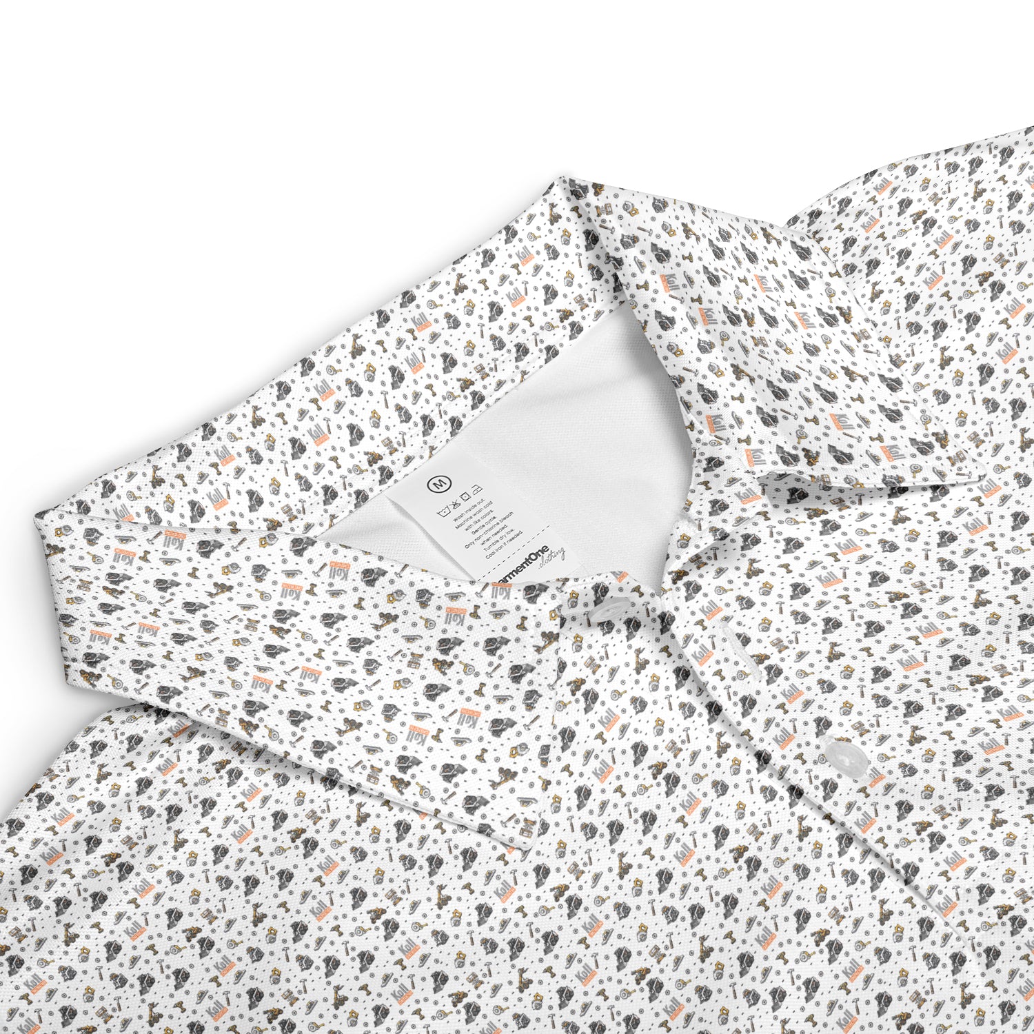 White polo shirt covered in tiny charcoal orange doodle icons variant 3