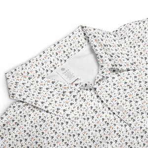 White polo shirt covered in tiny charcoal orange doodle icons variant 3