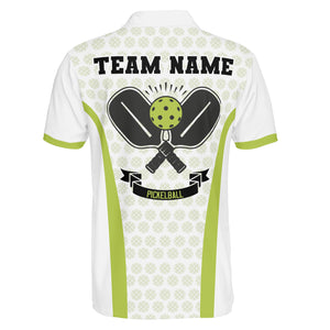 White polo shirt with lime green trim and pickleball pattern variant 2