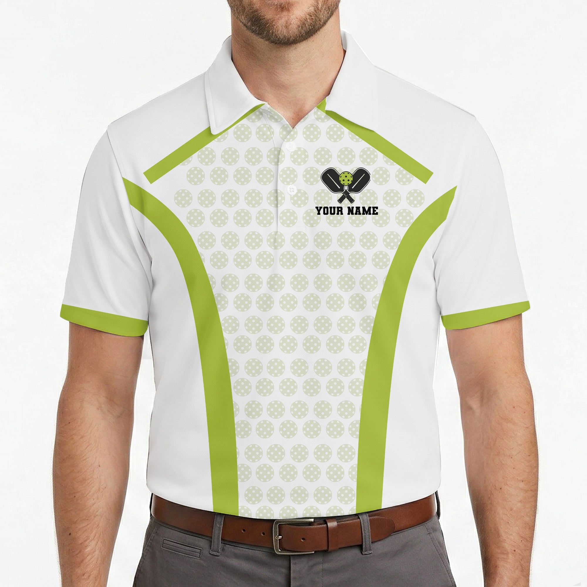 White polo shirt with lime green trim and pickleball pattern variant 4