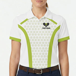 White polo shirt with lime green trim and pickleball pattern variant 5
