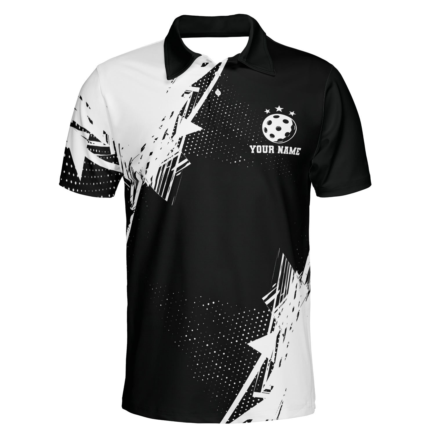 Black white starburst pickleball polo shirt with custom name