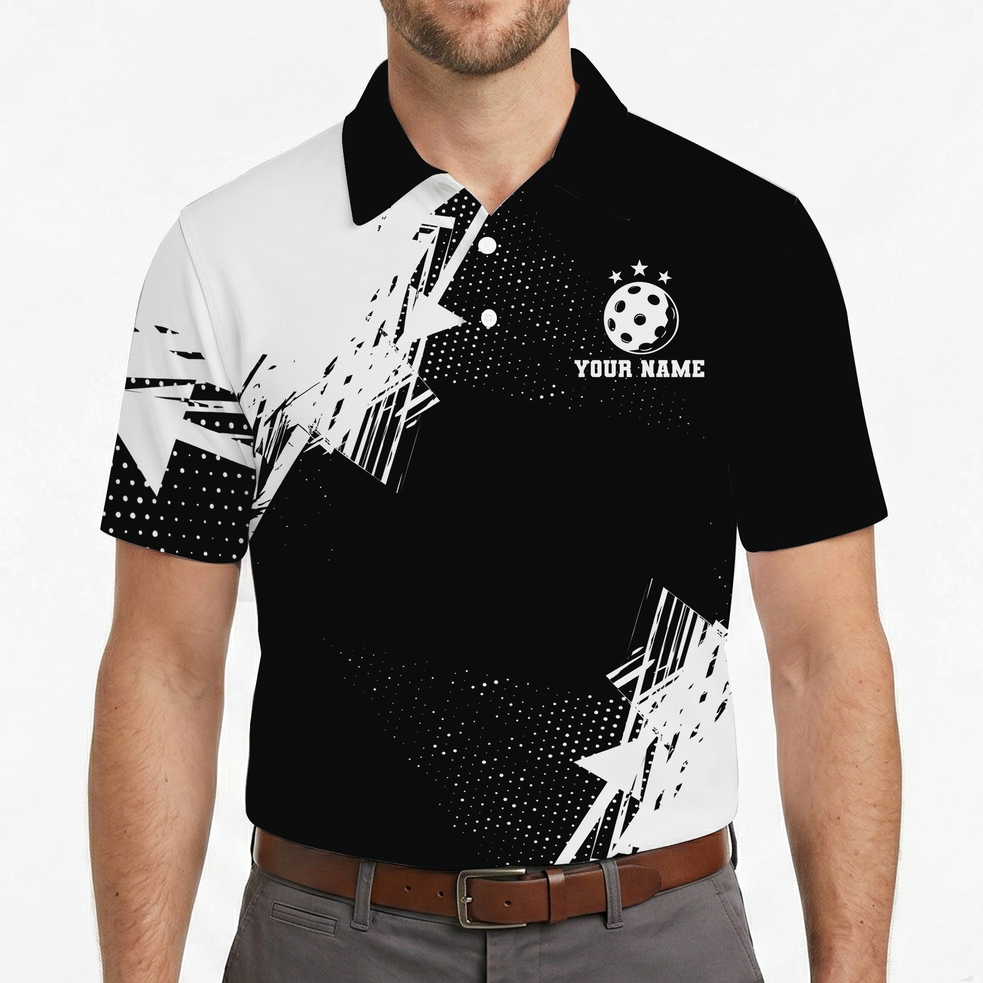 Black white starburst pickleball polo shirt with custom name variant 4